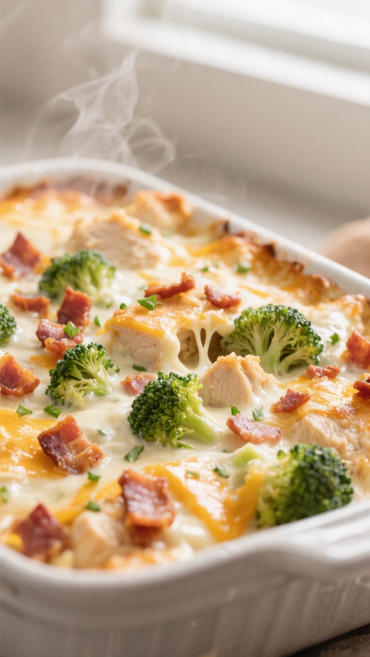 Close-up detail: A bubbling Chicken Bacon Ranch Casserole just out of the oven, showing molten mozza