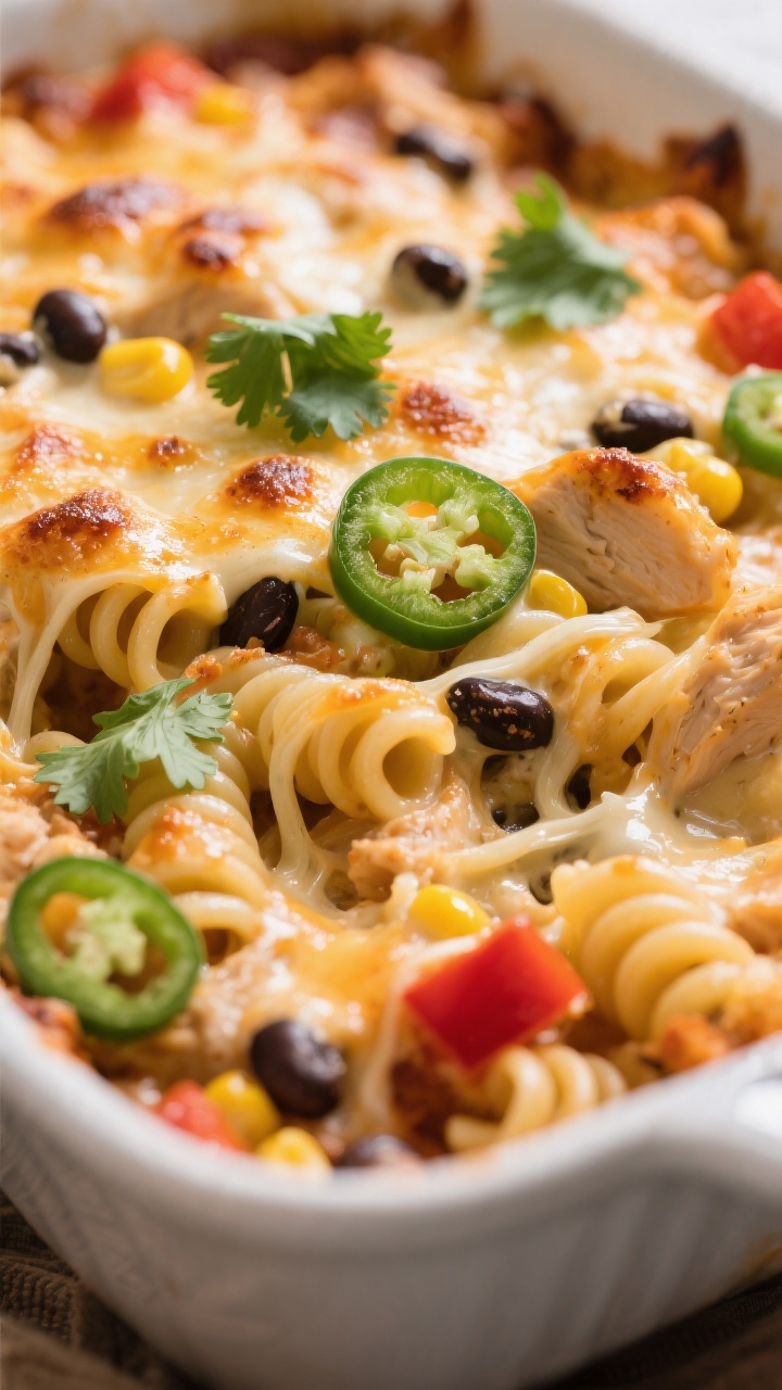 Close-up detail: A bubbling Chicken Southwest Casserole just out of the oven, cheese lightly browned