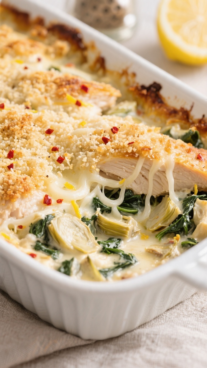 Close-up detail: A bubbling Chicken Spinach Artichoke Casserole just out of the oven, showing gooey