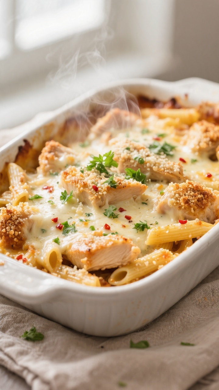 Close-up detail: A bubbling Garlic Parmesan Chicken Casserole just out of the oven, showing golden, 