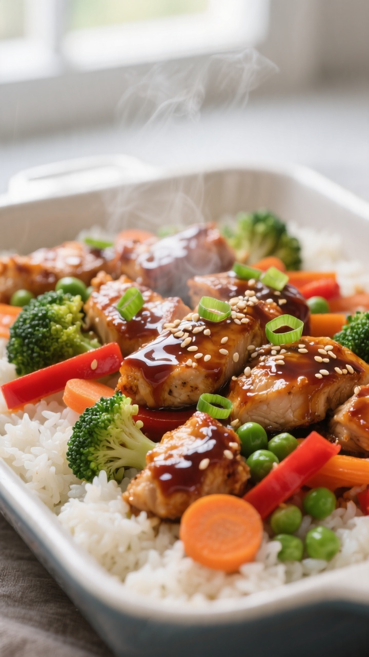 Close-up detail: A glossy layer of baked teriyaki chicken and vegetables just after phase 2, steam g