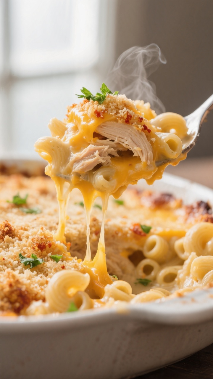 Close-up detail: A spoonful lift of creamy chicken mac and cheese just out of the oven, showing gooe