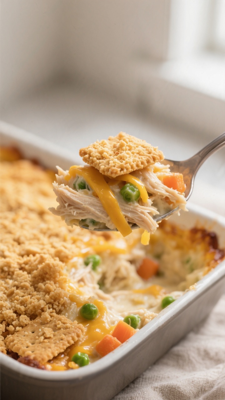 Close-up detail: A spoonful of baked Chicken Ritz Cracker Casserole being lifted from the pan, showi