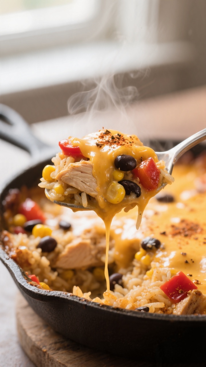 Close-up detail: A steaming spoonful of Chicken Queso Rice Casserole being lifted from the pan, show