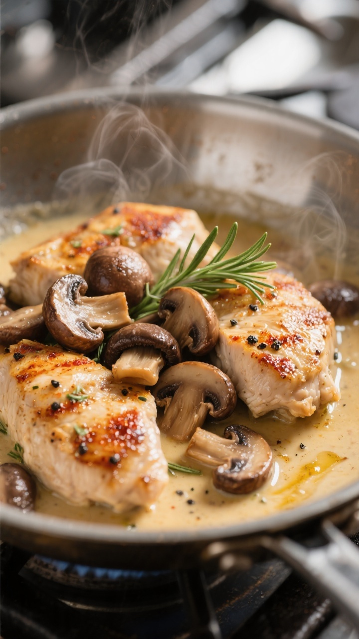 Close-up detail: Deeply browned cremini mushrooms and seared chicken pieces being folded into a silk