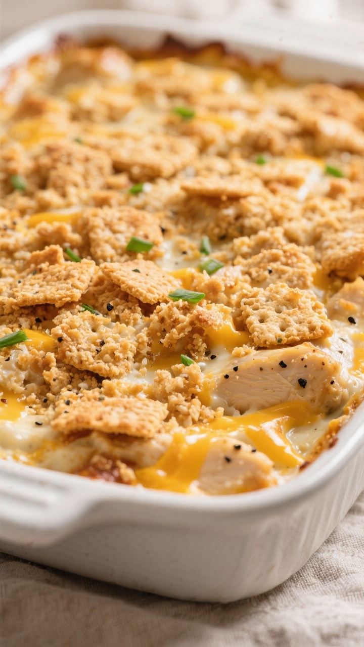 Close-up detail: Golden-brown cracker topping on Million Dollar Chicken Casserole just out of the ov