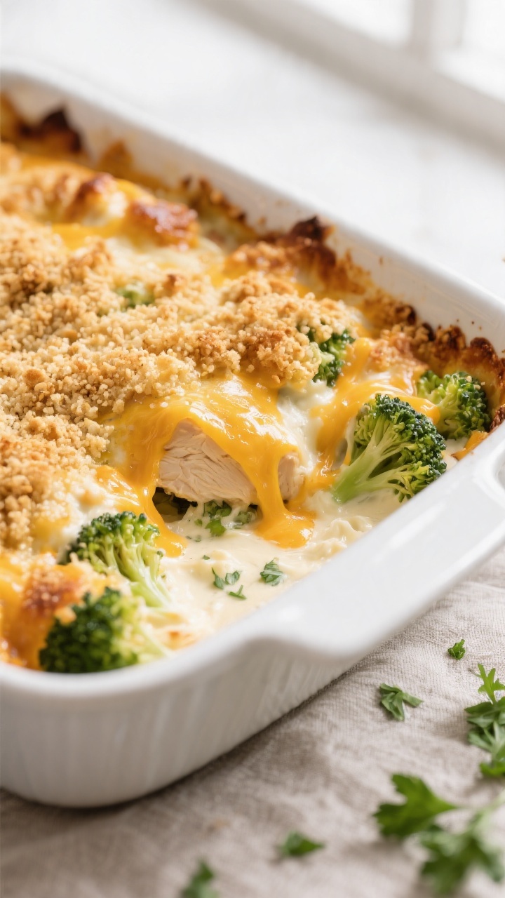 Close-up detail: Golden, bubbling Cheesy Chicken Broccoli Bake just out of the oven, showing crisp p
