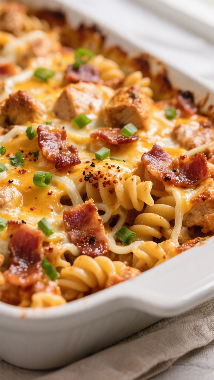 Close-up detail: Golden-bubbly BBQ chicken bacon casserole just pulled from the oven, tight macro on