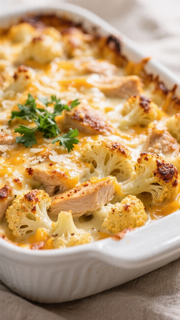 Close-up detail: Golden, bubbly Cheesy Chicken Cauliflower Bake just out of the oven, showing roaste