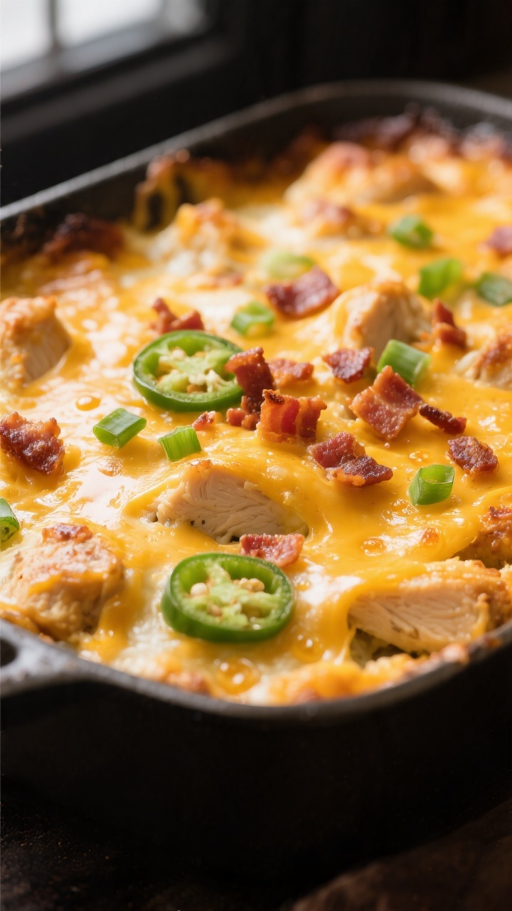 Close-up detail: Golden-bubbly Chicken Jalapeño Popper Casserole just out of the oven, showing molt