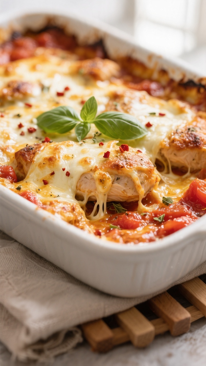 Close-up detail: Golden, bubbly Chicken Mozzarella Tomato Casserole just out of the oven, showing me