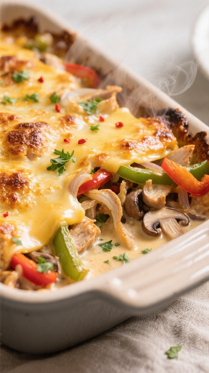 Close-up detail: Golden, bubbly Chicken Philly Cheesesteak Casserole just out of the oven, broiled p