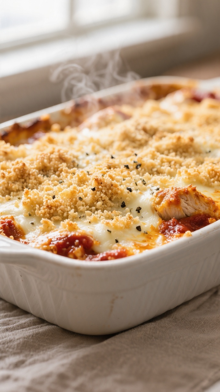 Close-up detail: Golden, buttery panko topping on bubbly Chicken Parmesan Casserole just out of the 