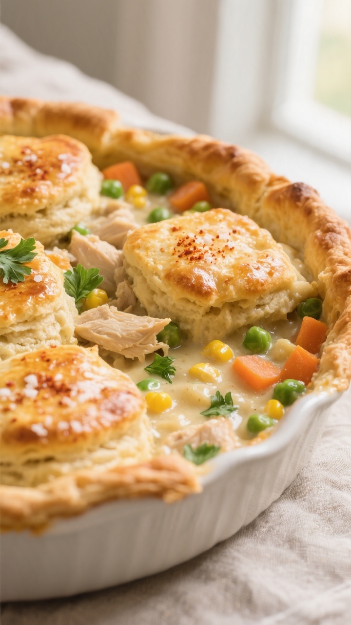 Close-up detail: Golden, flaky biscuit-topped chicken pot pie casserole just out of the oven, bubbli