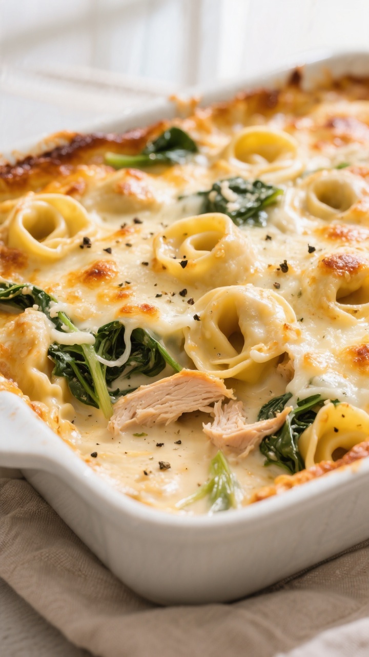 Close-up detail: Gooey, golden-brown Cheesy Chicken Tortellini Casserole just out of the oven, with 