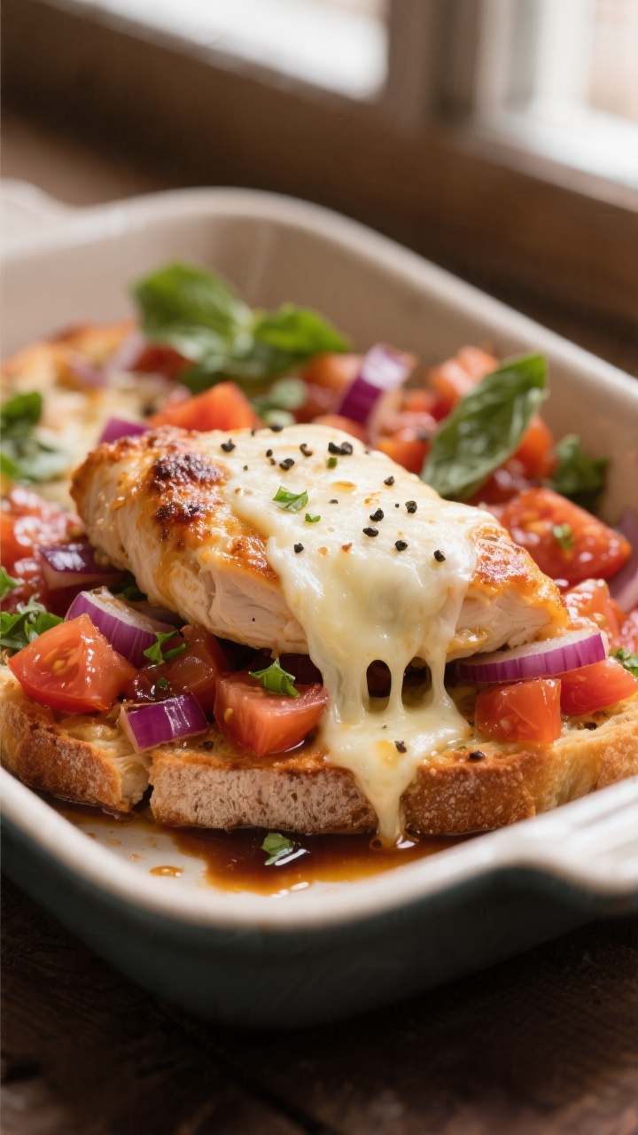 Close-up detail: Melted mozzarella bubbling over juicy baked chicken bruschetta, with glossy diced t