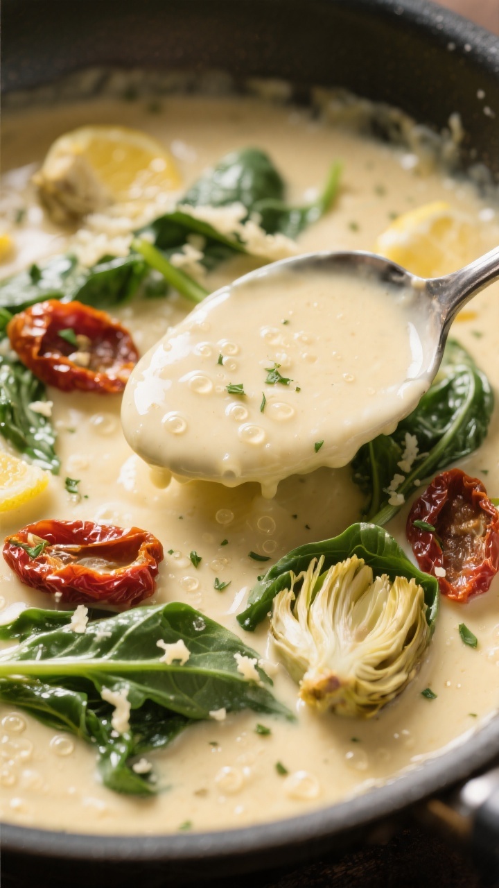 Close-up detail of the creamy Tuscan sauce: Macro shot of the silky parmesan cream sauce in the skil