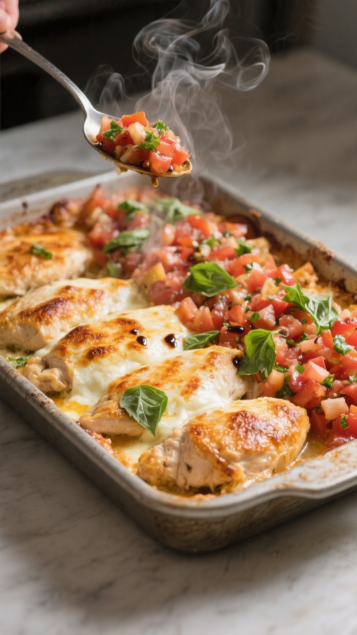 Cooking process: Chicken Bruschetta Bake just out of the oven in a 9x13 pan—golden, broiled mozzar