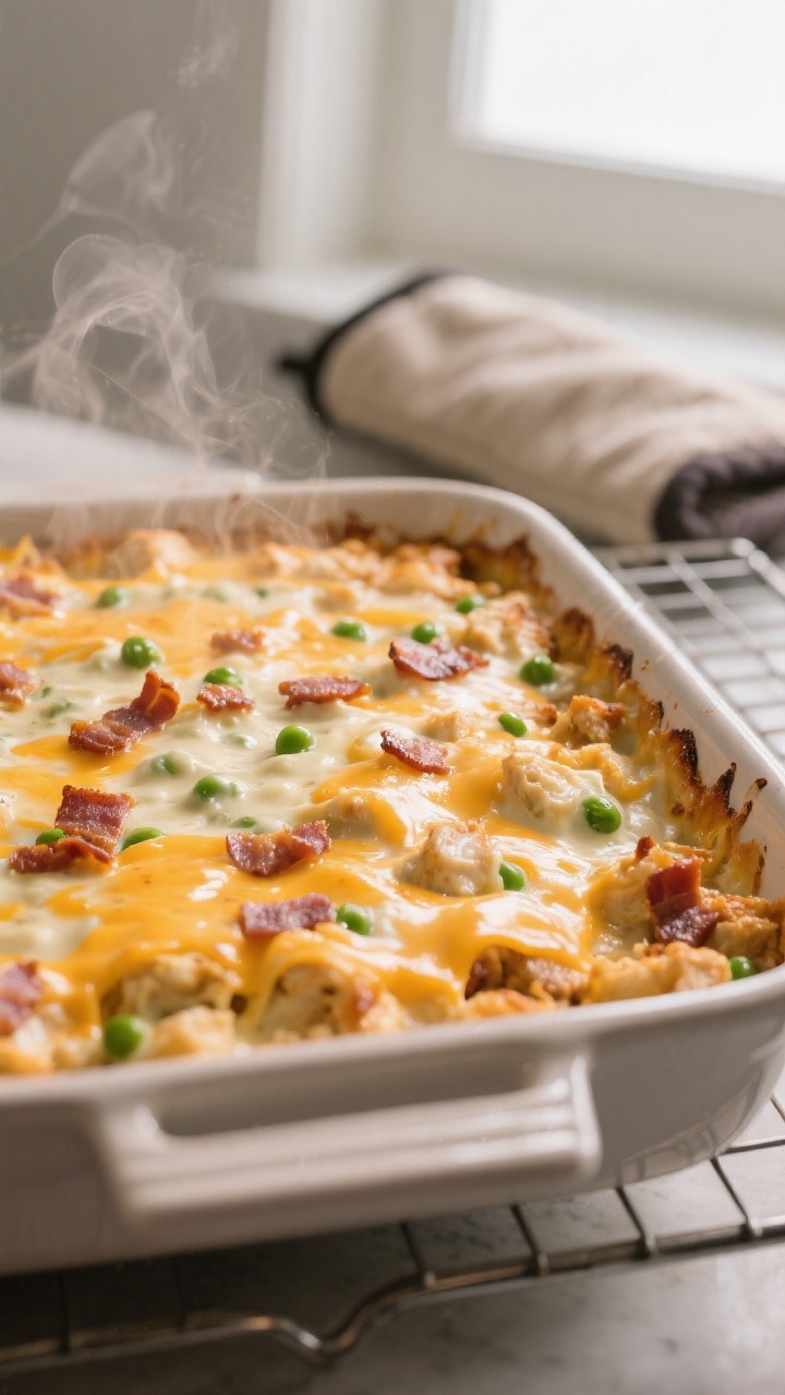 Cooking process close-up: A 9x13 casserole dish mid-bake pulled slightly from the oven, the Crack Ch