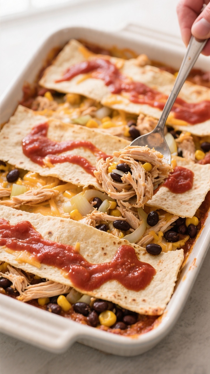 Cooking process close-up: A 9x13-inch baking dish mid-assembly for chicken enchilada casserole, over
