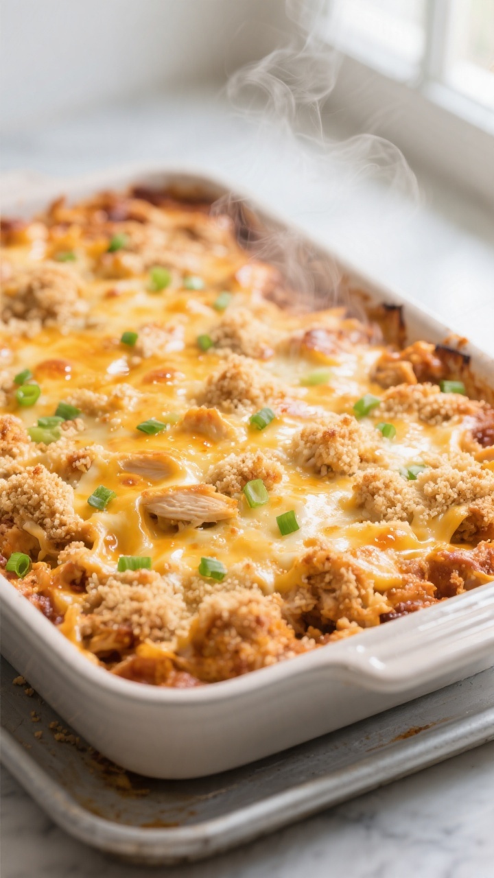 Cooking process close-up: A 9x13-inch baking dish of Buffalo Chicken Casserole just out of the oven 