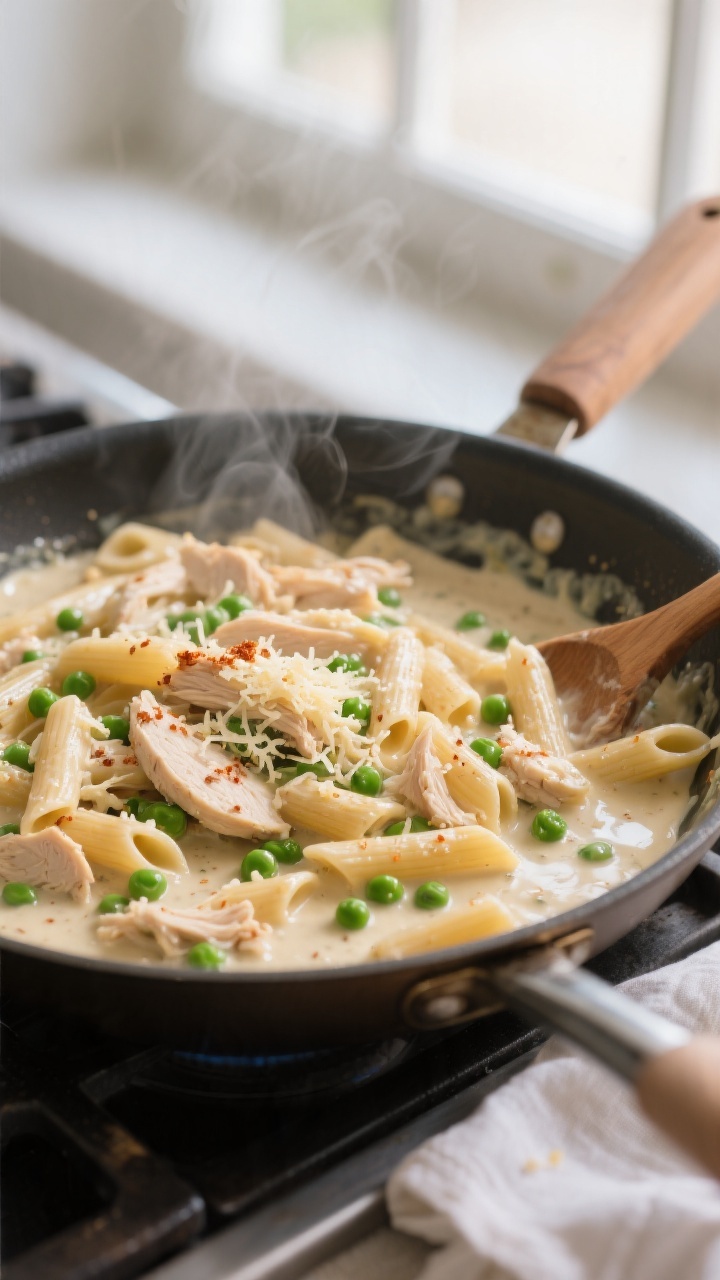 Cooking process close-up: A large skillet on the stovetop with creamy chicken sauce just thickened, 