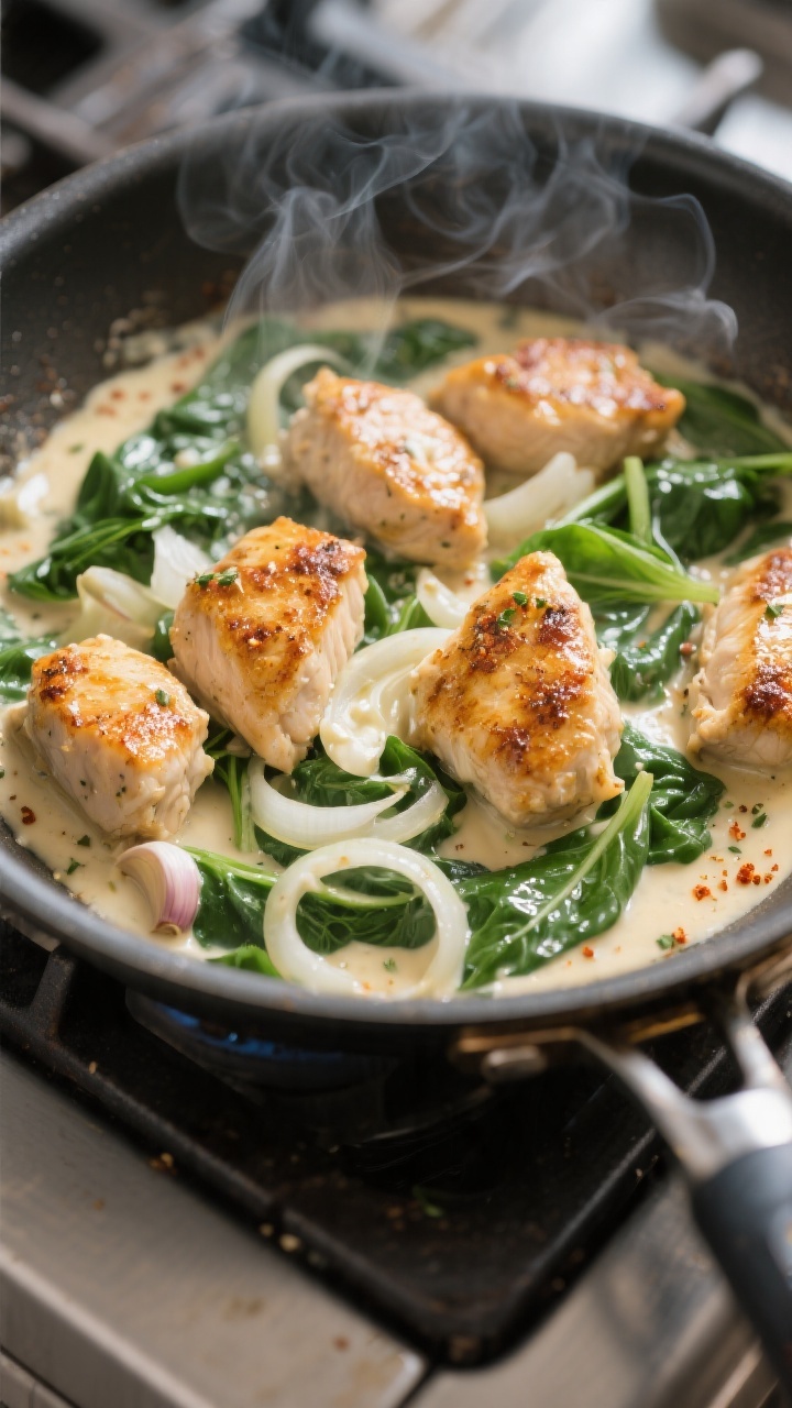 Cooking process close-up: Golden-seared chicken bites sizzling in a stainless skillet, nestled into 