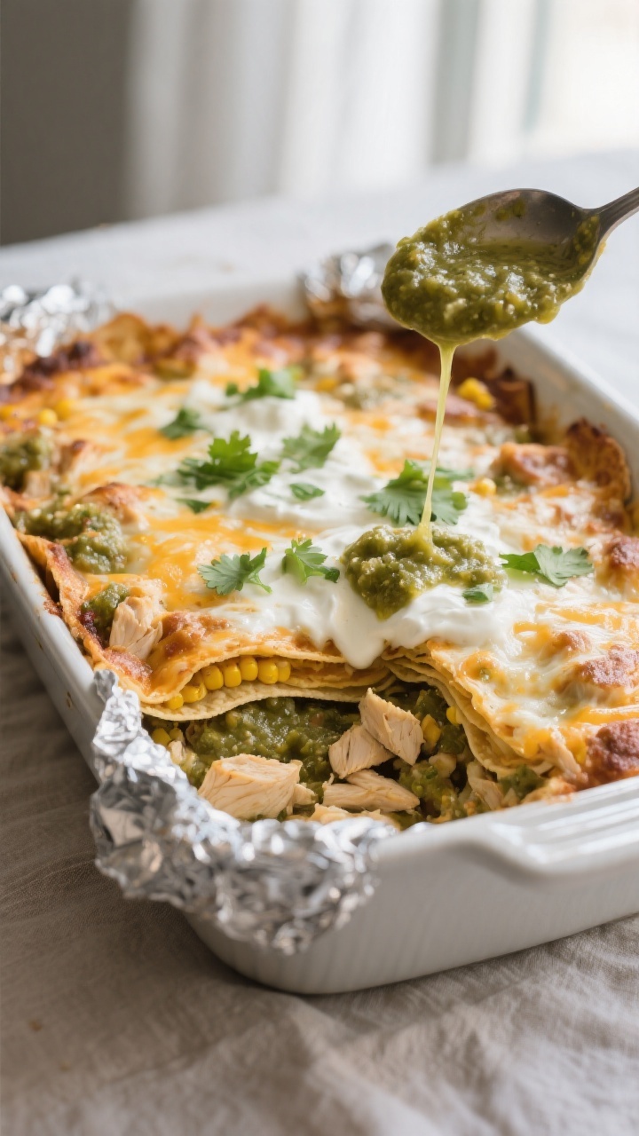 Cooking process, mid-bake reveal: A 9x13 chicken salsa verde casserole just out of the oven with foi