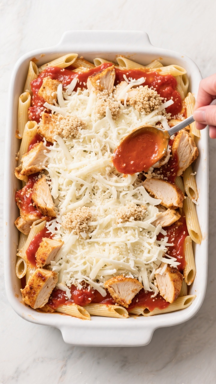 Cooking process: Overhead shot of the casserole mid-assembly in a 9x13 dish—al dente penne base li