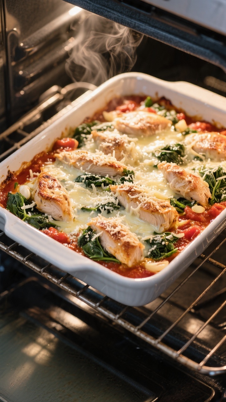 Cooking process: Overhead shot of the casserole mid-bake at the 20–25 minute mark with cheese begi