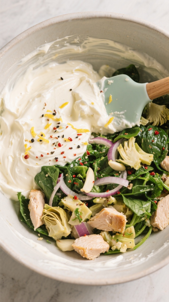 Cooking process: Overhead shot of the creamy base being folded together in a large mixing bowl—sil
