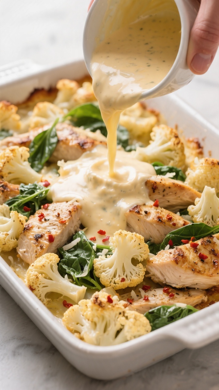 Cooking process: Overhead shot of the creamy cheese sauce being poured over roasted cauliflower and 