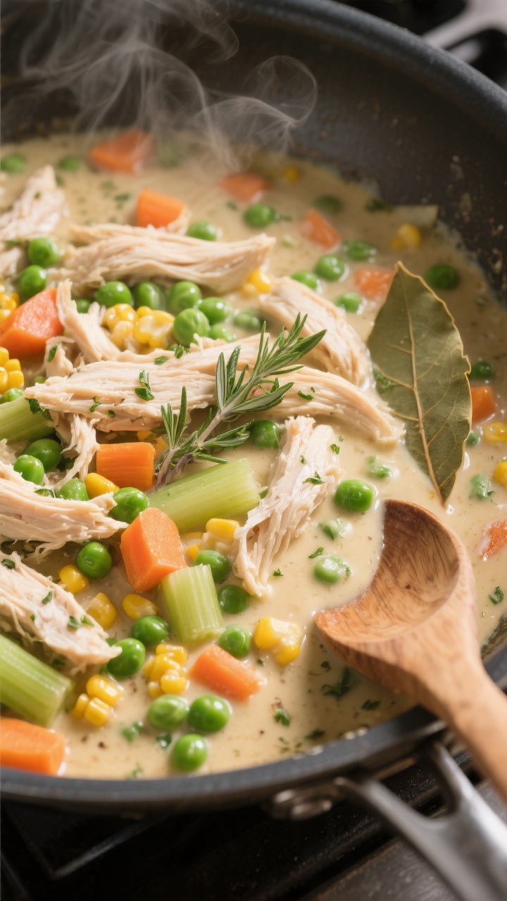 Cooking process: Overhead shot of the creamy chicken and vegetable filling simmering in a large skil