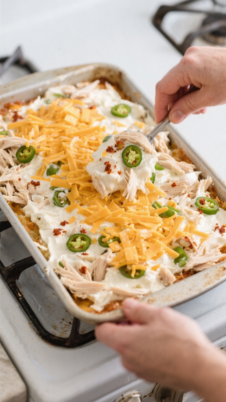 Cooking process: Overhead shot of the creamy chicken-jalapeño mixture being spread evenly into a gr