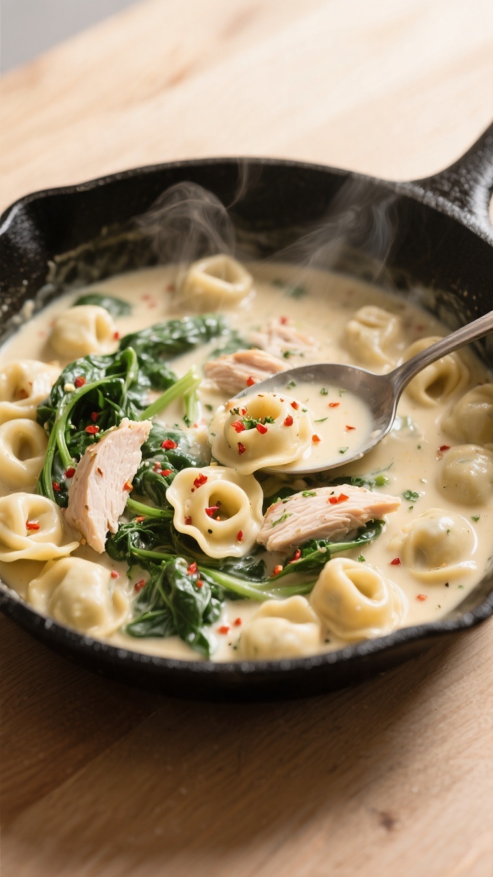 Cooking process: Overhead shot of the creamy sauce stage in a wide skillet—silky broth-and-cream r