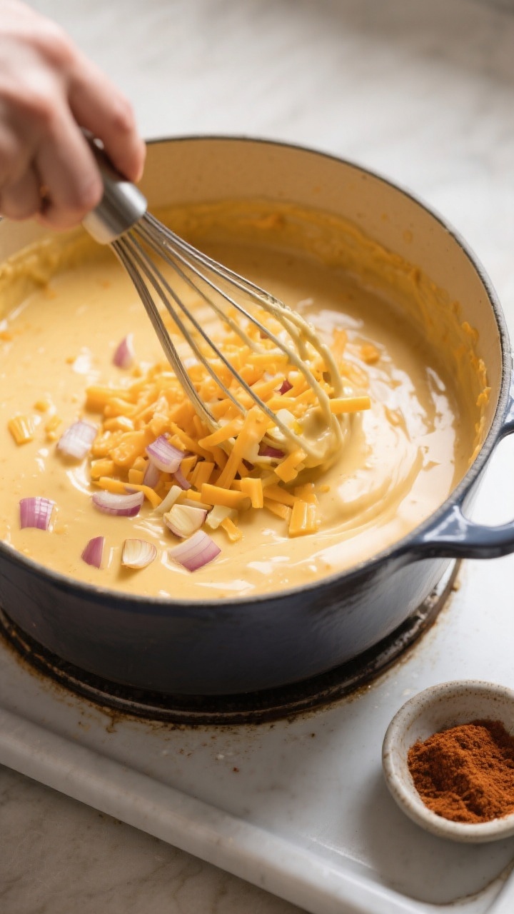Cooking process: Overhead shot of the thick, glossy cheese sauce being whisked in a Dutch oven—rou