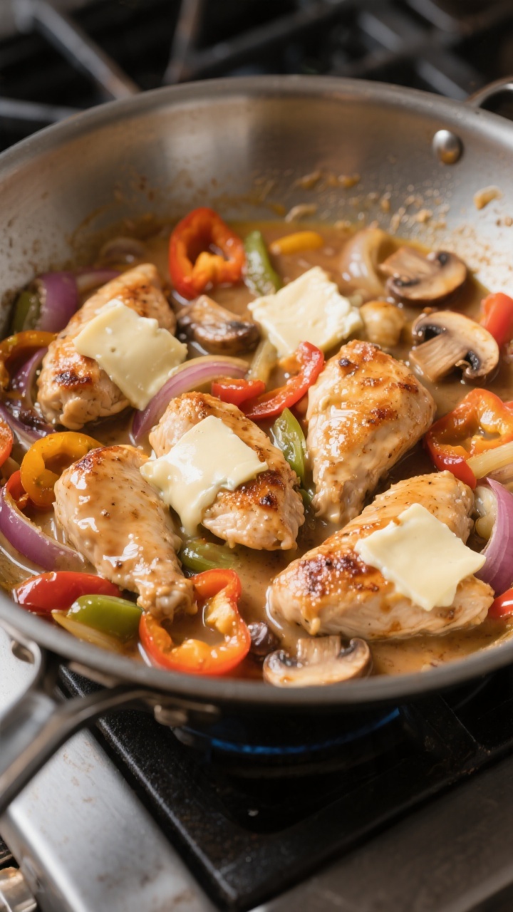 Cooking process: Sauté stage in a wide stainless skillet—softened, lightly caramelized peppers, o