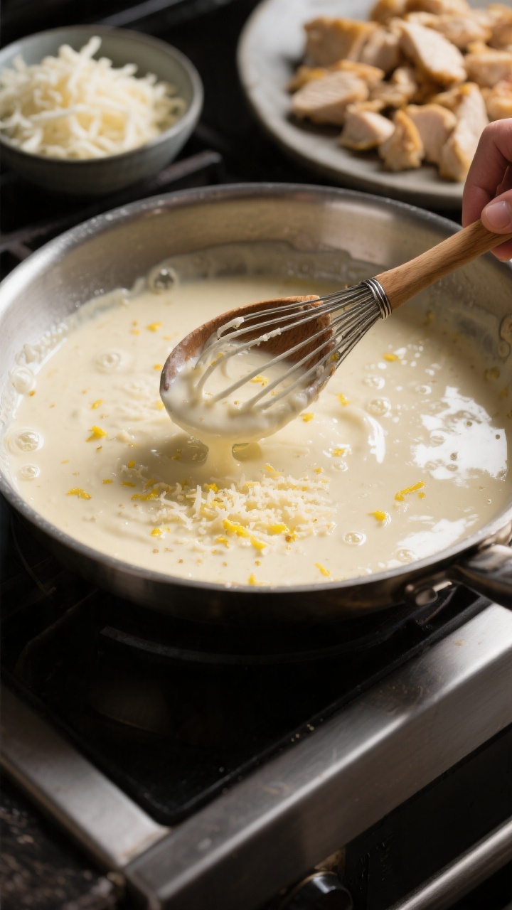 Cooking process: Silky garlic-Parmesan cream sauce being whisked smooth in a stainless skillet—glo