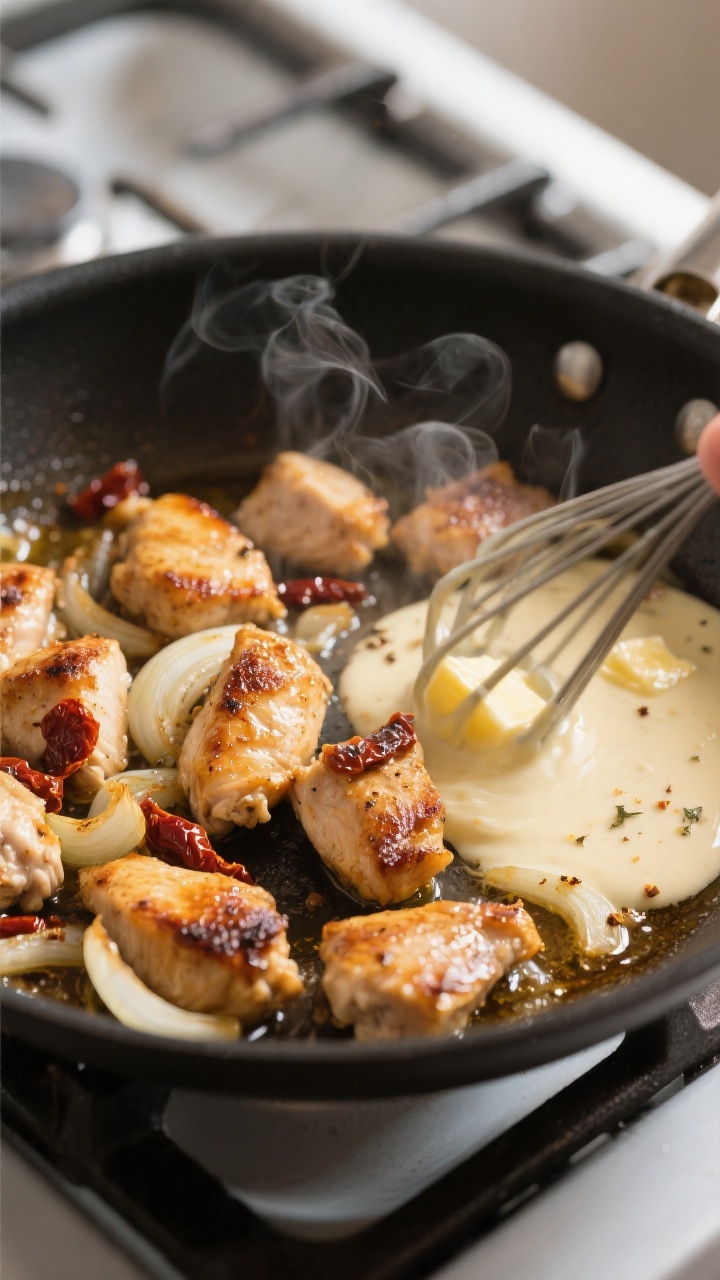 Cooking process, skillet action: Searing bite-size chicken pieces to golden-brown in a stainless ski