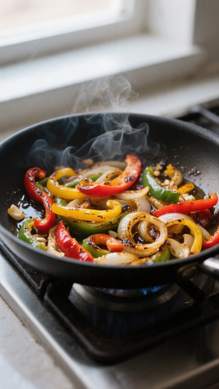 Cooking process, stovetop: Sautéed fajita peppers and onions just starting to char in a large skill