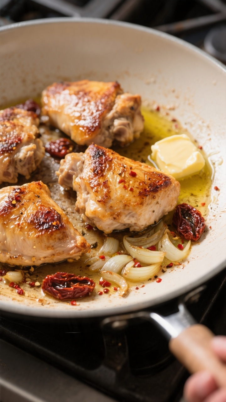 Cooking process, stovetop sear: Golden-browned boneless chicken thighs just seared in an oven-safe s