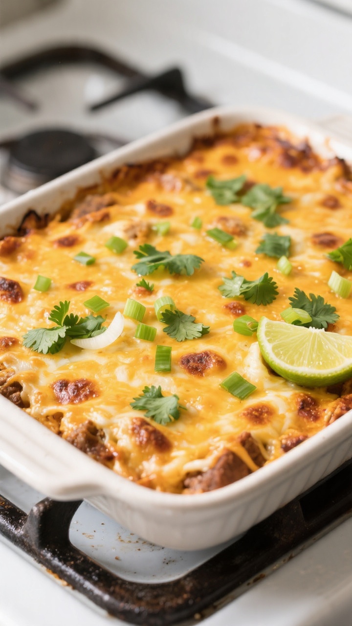 Cooking process: The assembled casserole just out of the oven in a 9x13 dish, cheese fully melted an