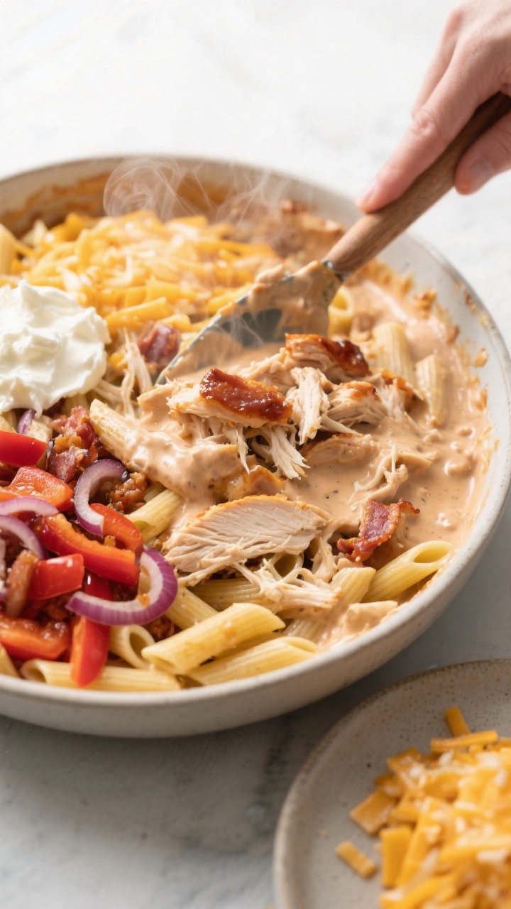 Cooking process: The creamy BBQ base being folded together with shredded rotisserie chicken, al dent