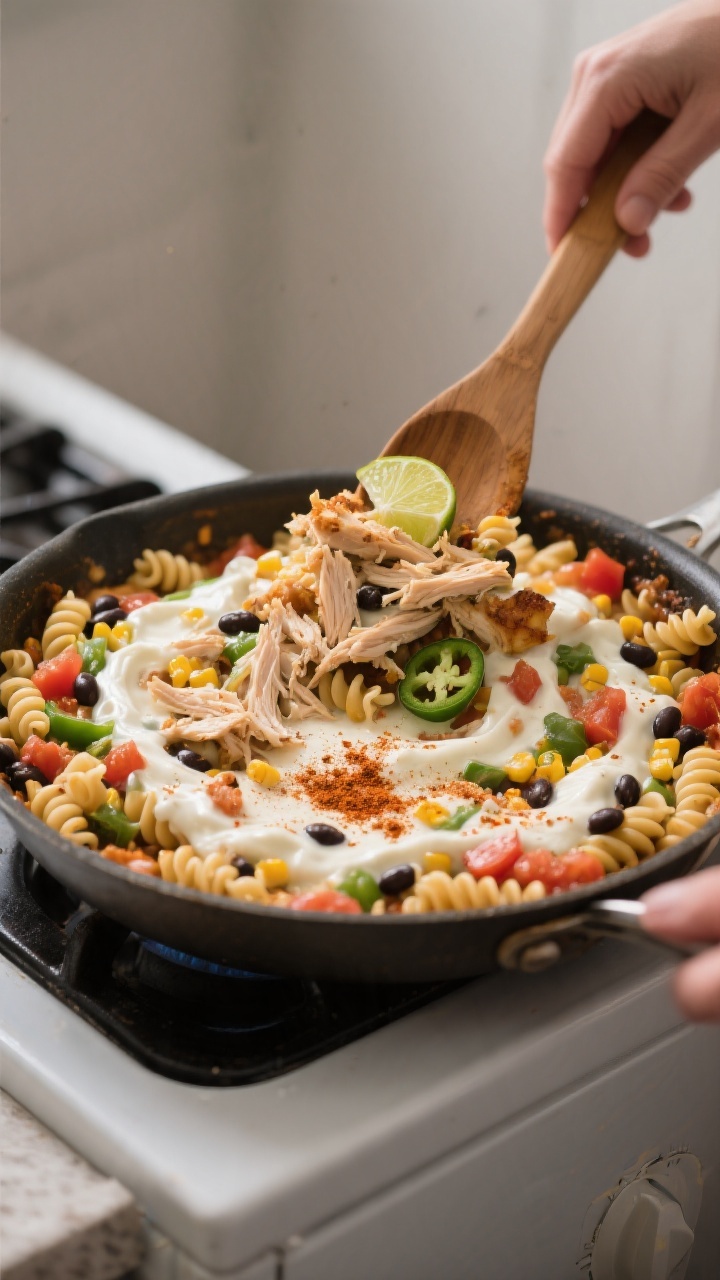 Cooking process: The mixed casserole being folded together in a large skillet off-heat—juicy shred