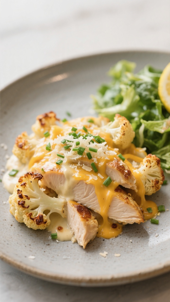 Final dish presentation: Beautifully plated serving of Cheesy Chicken Cauliflower Bake on a matte st