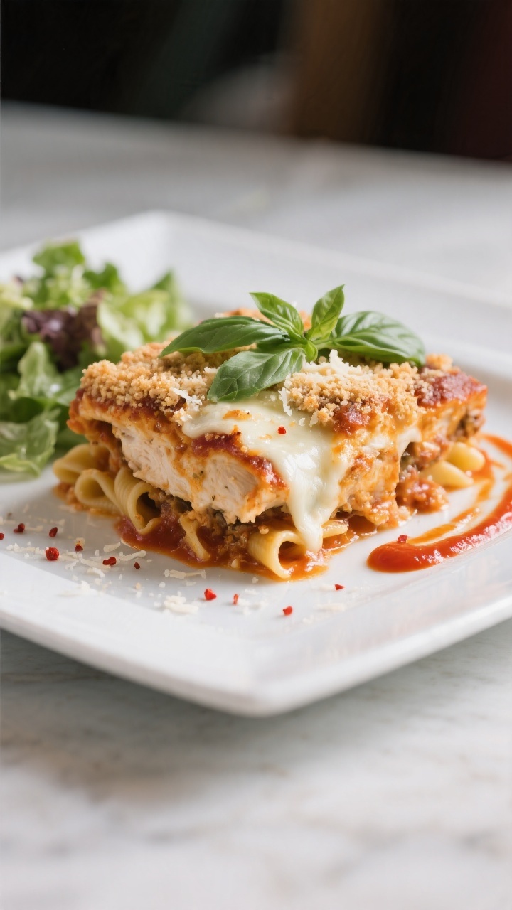 Final dish presentation: Restaurant-quality plated serving of Chicken Parmesan Casserole on a matte 