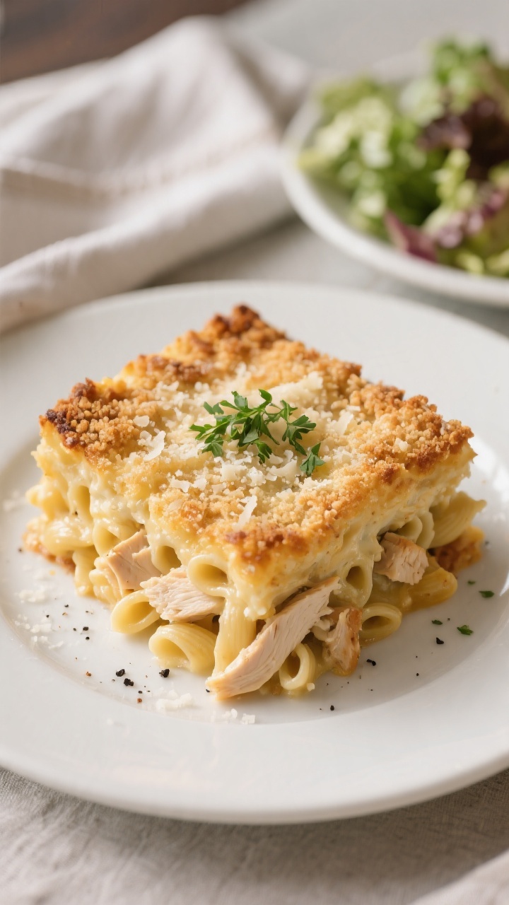 Final dish presentation: Restaurant-quality plating of a square-cut portion of Chicken Mac and Chees