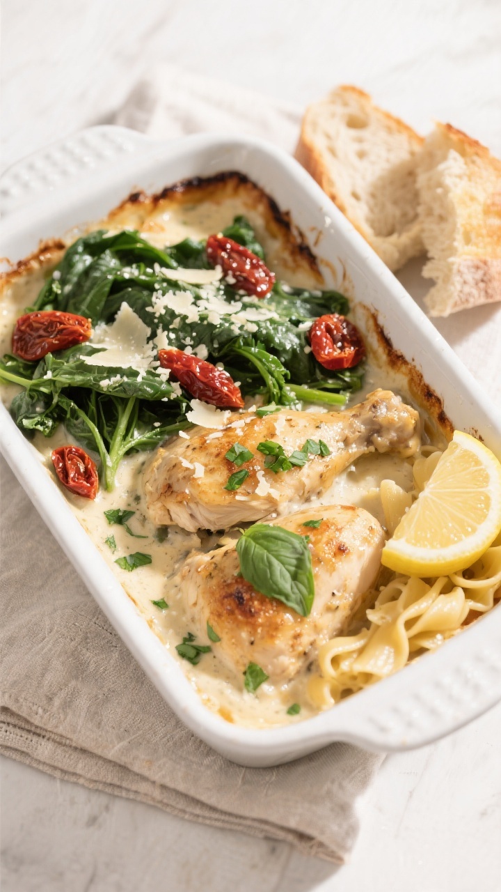Final plated casserole, overhead: Top-down shot of Creamy Tuscan Chicken Casserole fresh from the ov