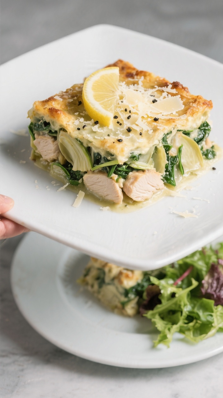 Final plated dish: A generous square of Chicken Spinach Artichoke Casserole neatly lifted onto a mat