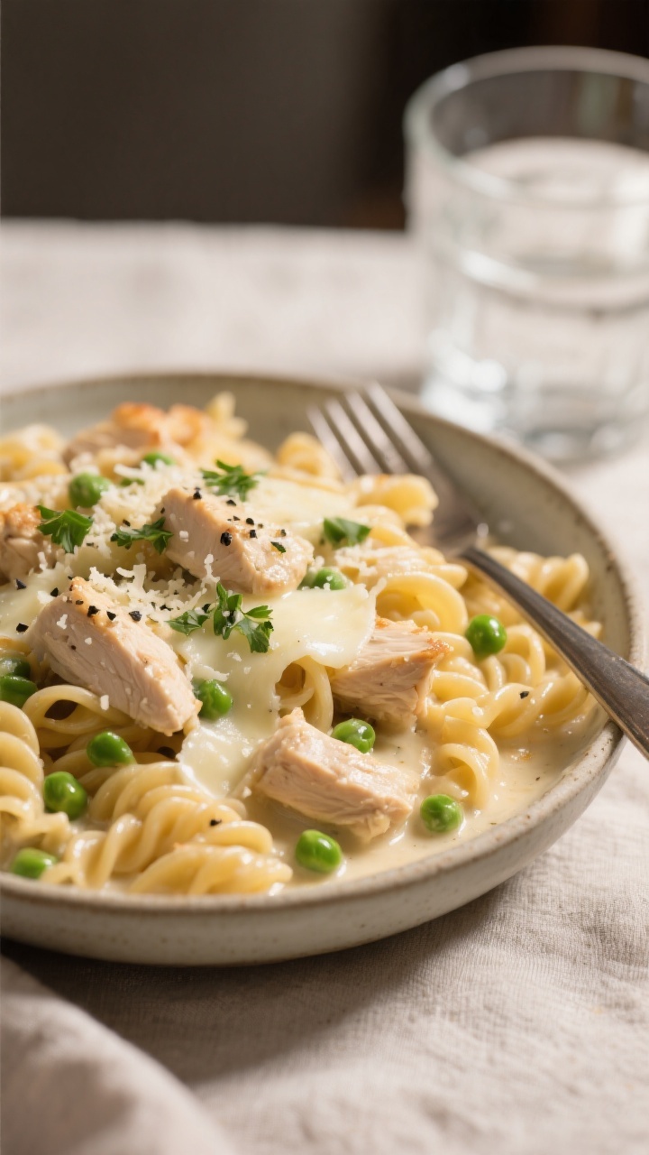Final plated dish beauty: A generous serving of Creamy Chicken Pasta Casserole plated in a shallow c